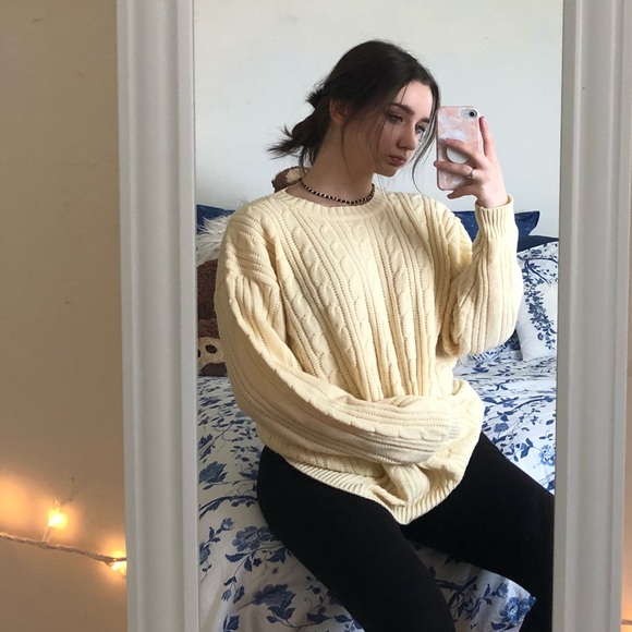 Cream Cable Knit Mens Vintage Sweater 